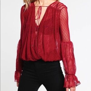 Free People Far Away Sheer Lace Surplice V Neck Blouse in Wine/Burgundy, Sz XS